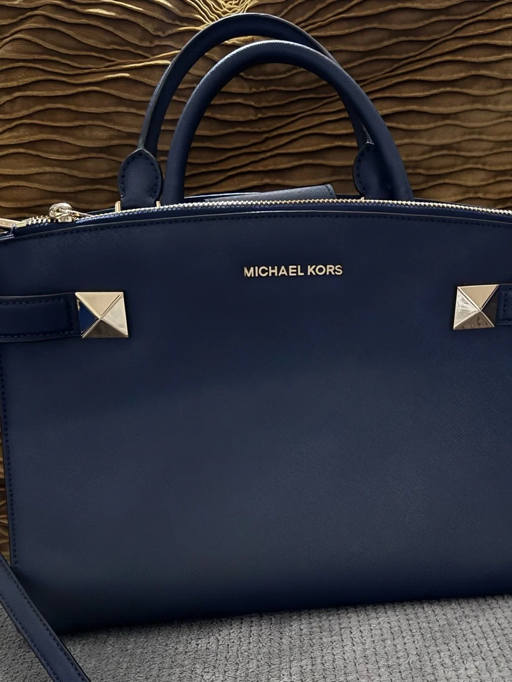 Michael Kors Navy Saffiano Satchel with Gold Hardware
